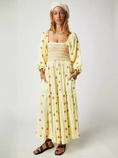 Embroidered square collar sunflower light yellow dress - Image 2