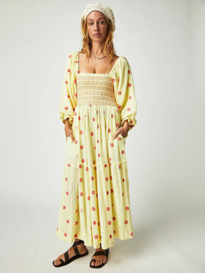 Embroidered square collar sunflower light yellow dress