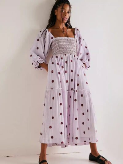 Embroidered square collar sunflower light purple dress