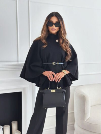 Waist Tie Woolen Cape Jacket - Image 3