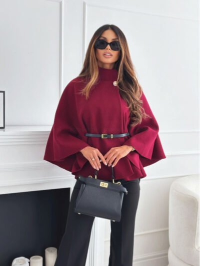 Waist Tie Woolen Cape Jacket - Image 12