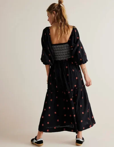 Embroidered square collar and sunflowers Dress