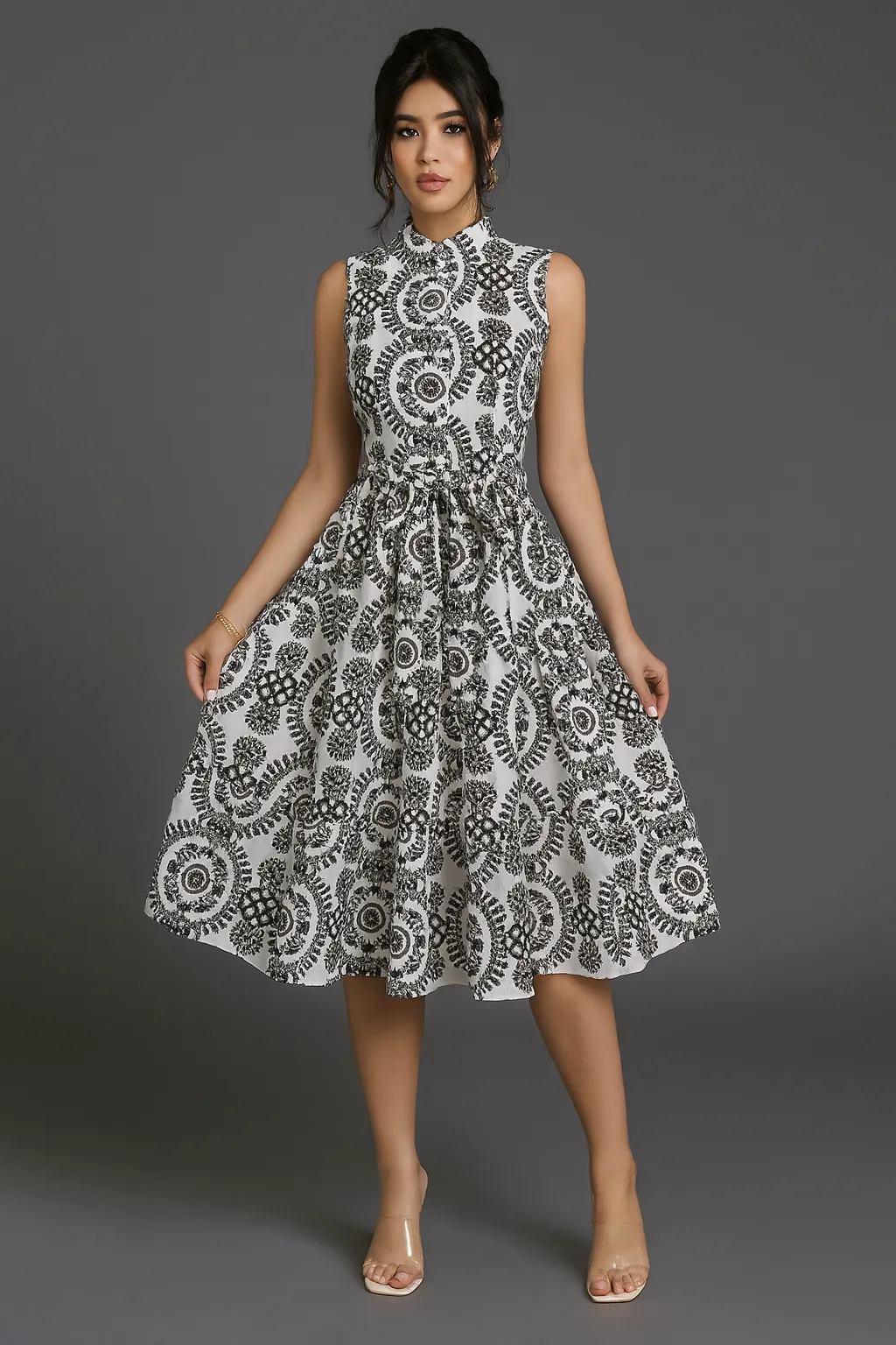 Waist-binding sleeveless dress