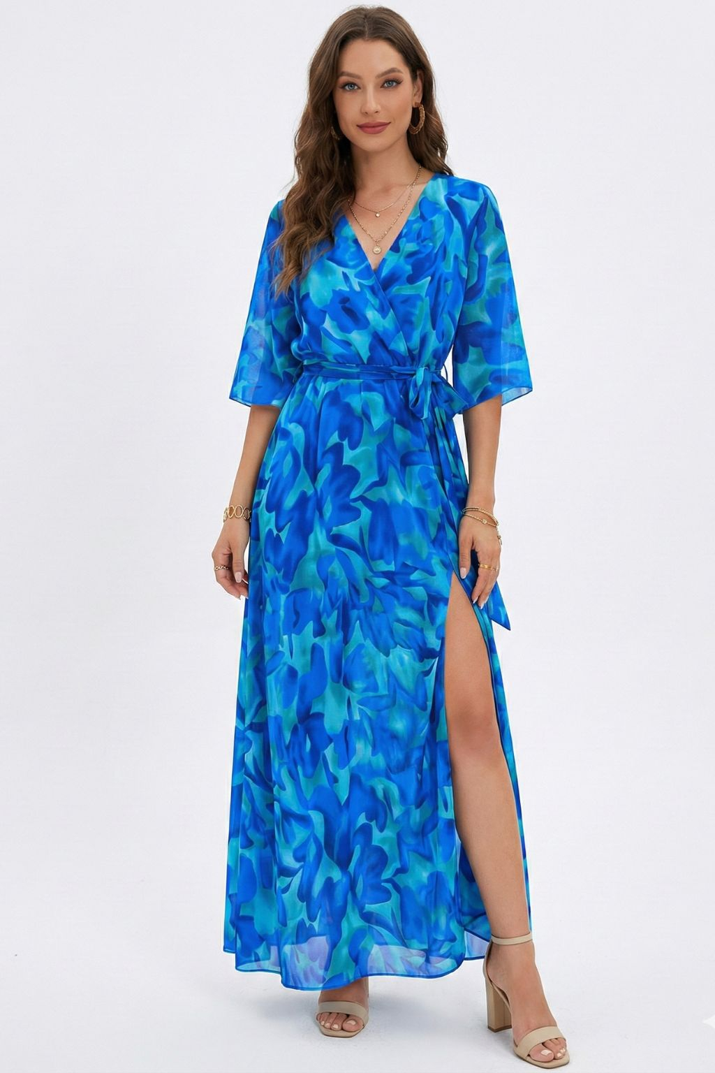 Blue printed tie maxi dress