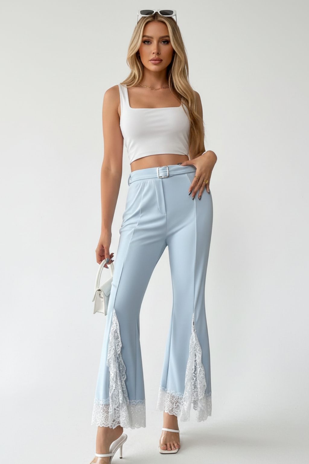Elegant with belt high waist lace flared pants