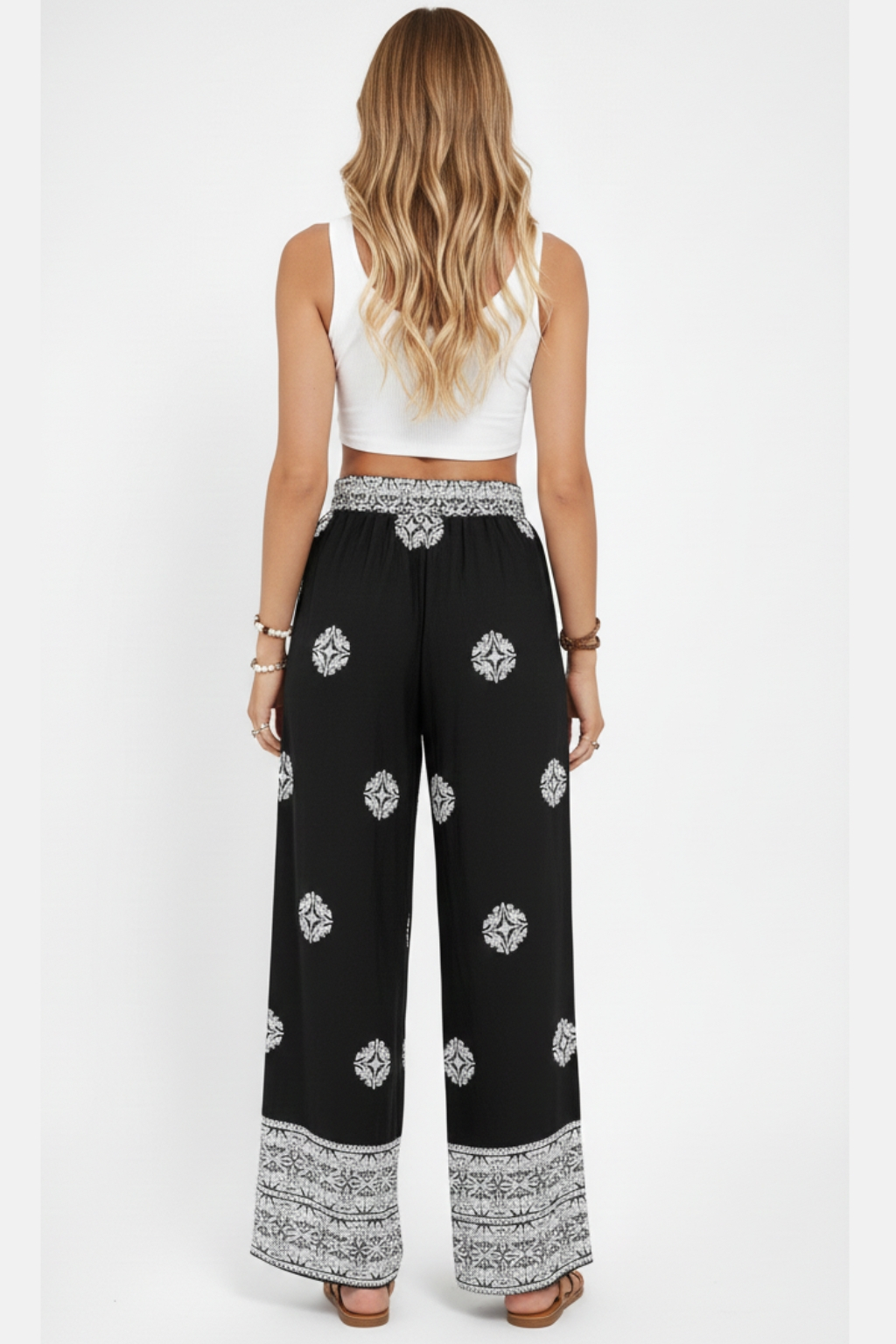 Ethnic style elastic waist drawstring pants