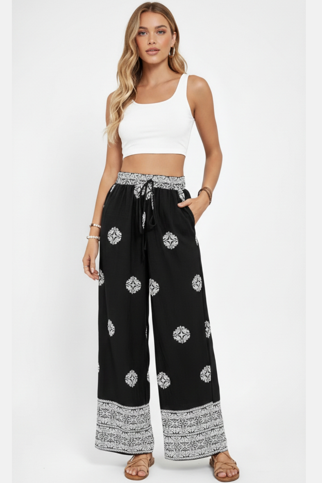 Ethnic style elastic waist drawstring pants
