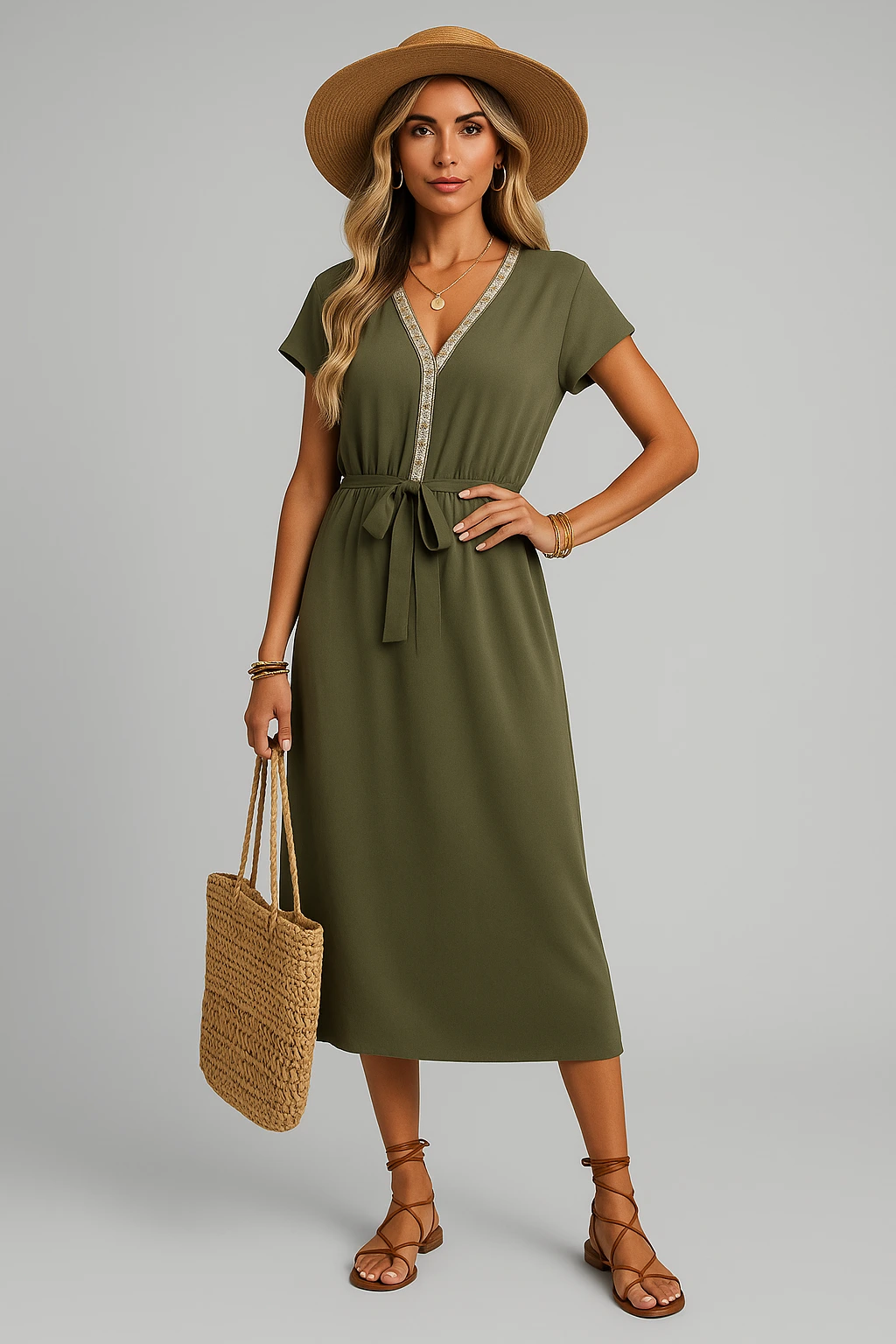 V-neck solid color dress