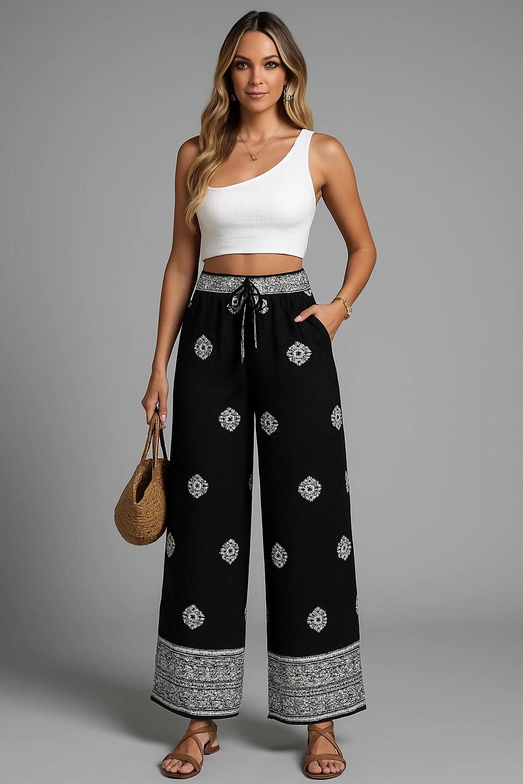 Ethnic style elastic waist drawstring pants