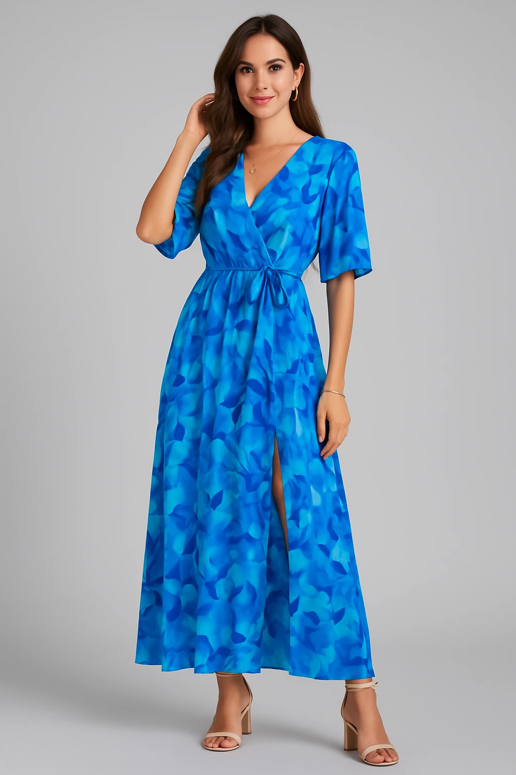 Blue printed tie maxi dress