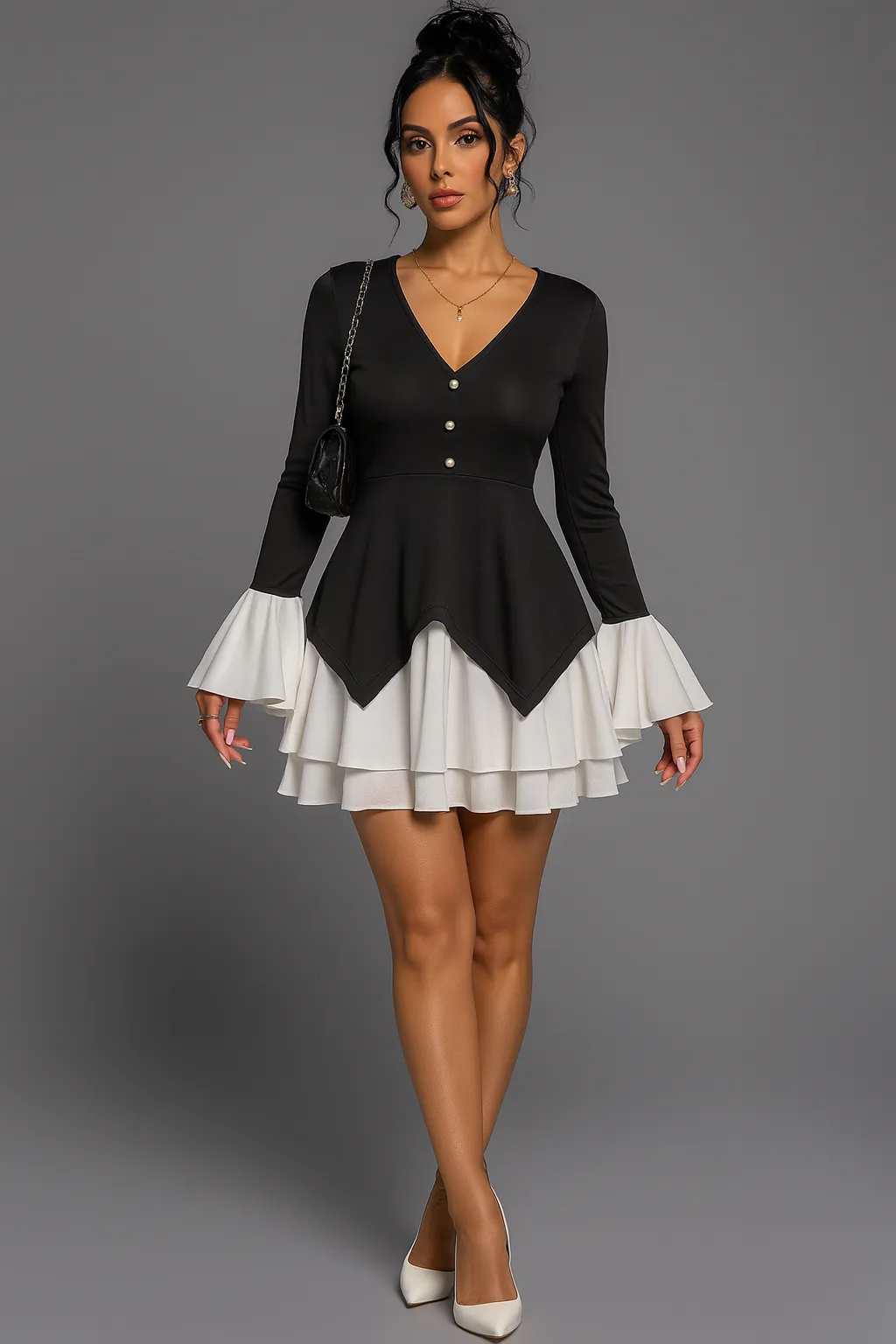 Long-sleeved contrast skirt dress