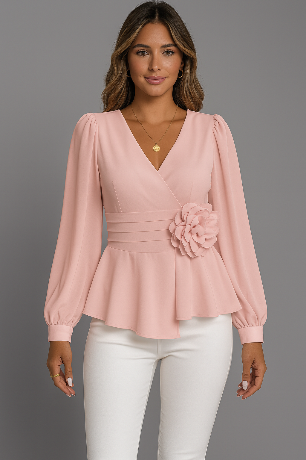 Waist V-neck 3D floral shirt