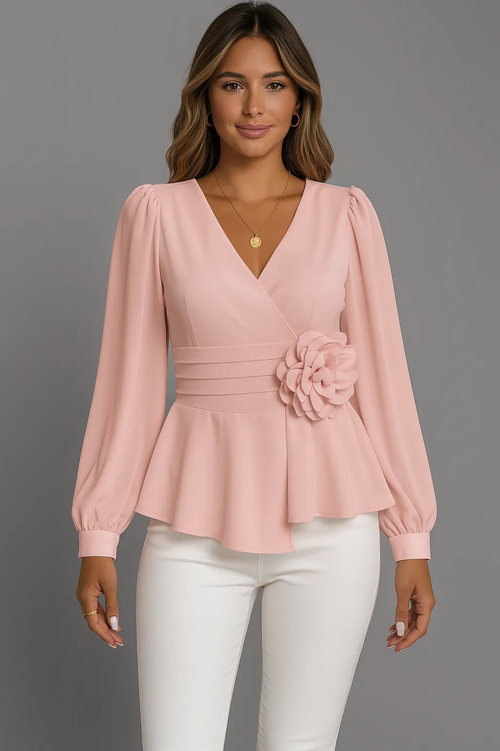 Waist V-neck 3D floral shirt