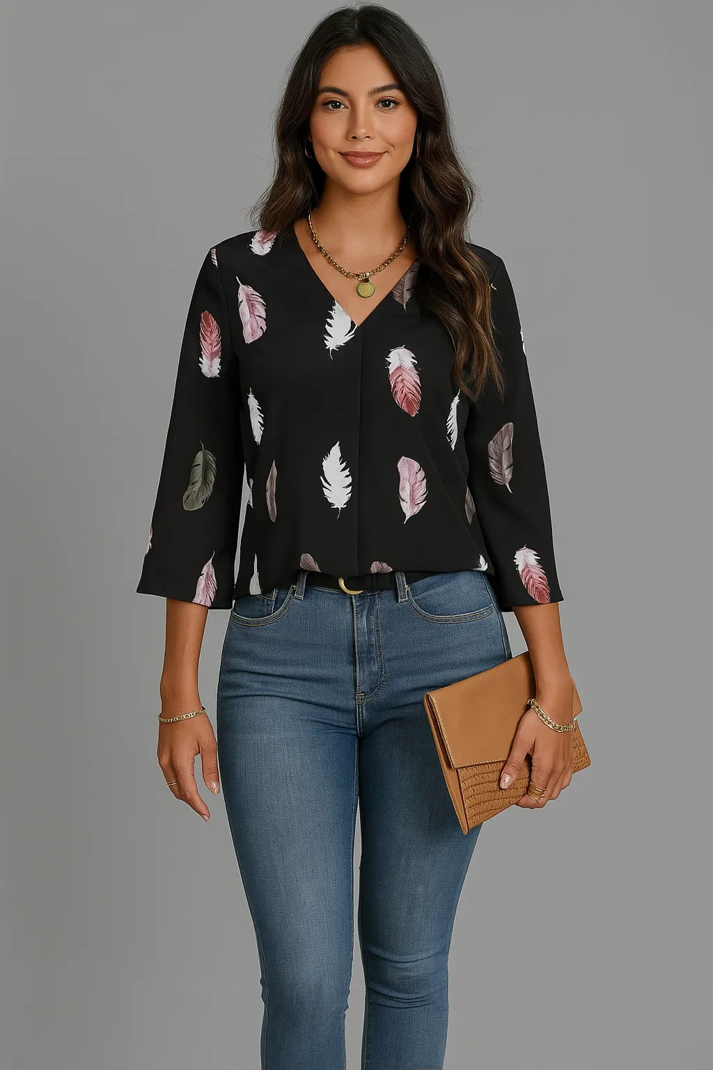 V-Neck Cropped Sleeve Loose Blouse