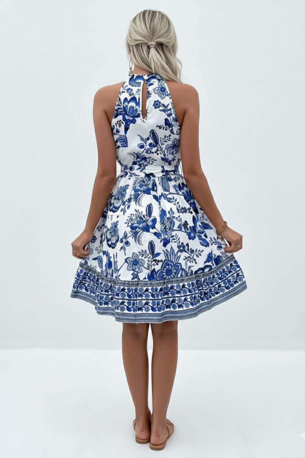 Floral waist halter neck dress