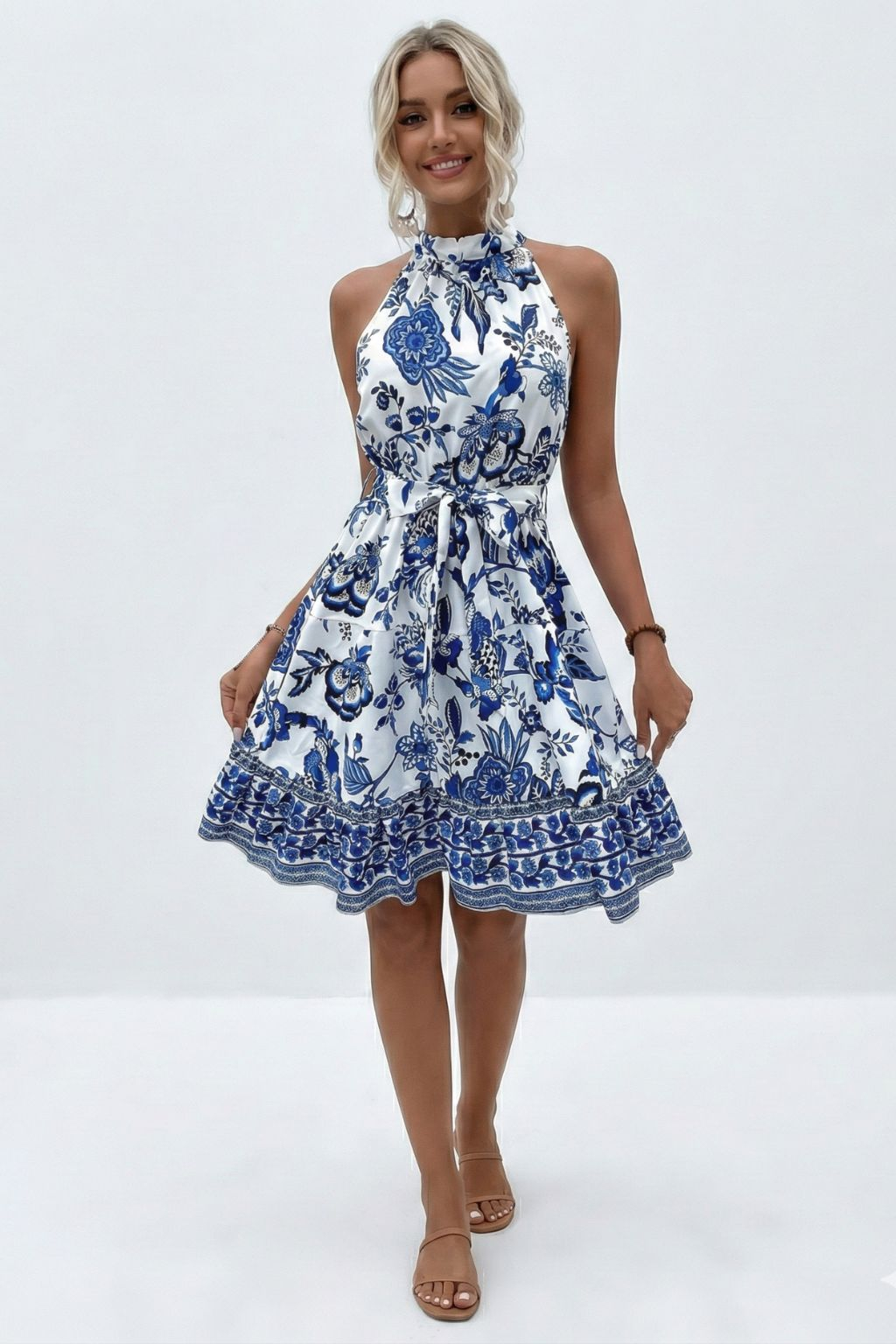 Floral waist halter neck dress