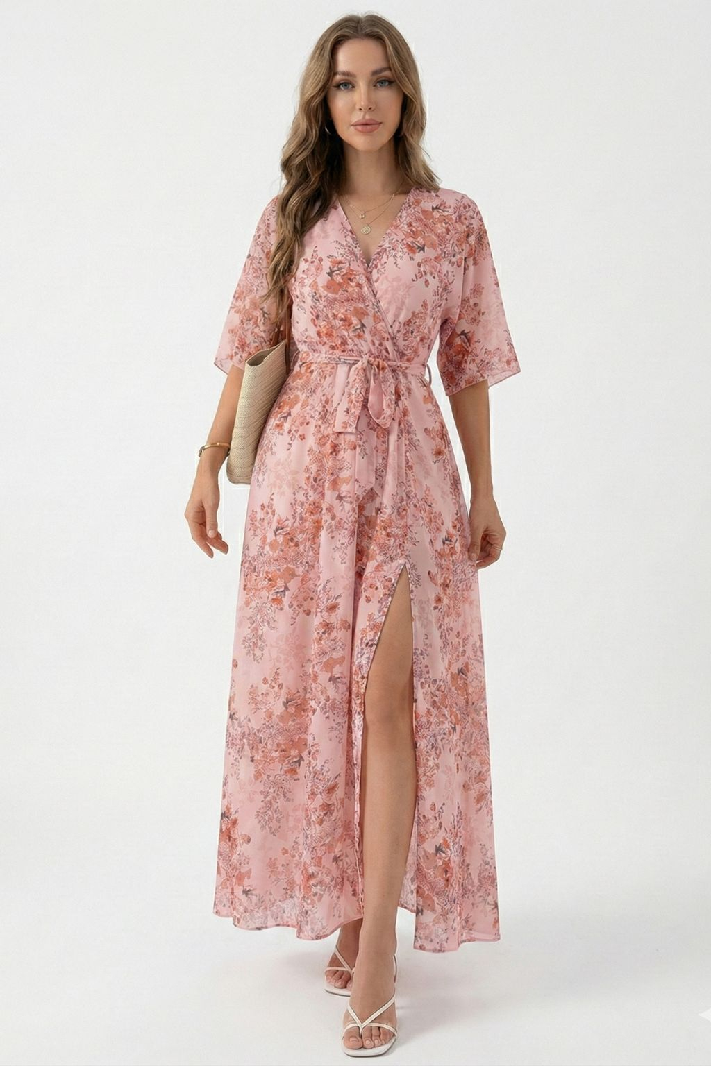 Pink printed strappy maxi dress