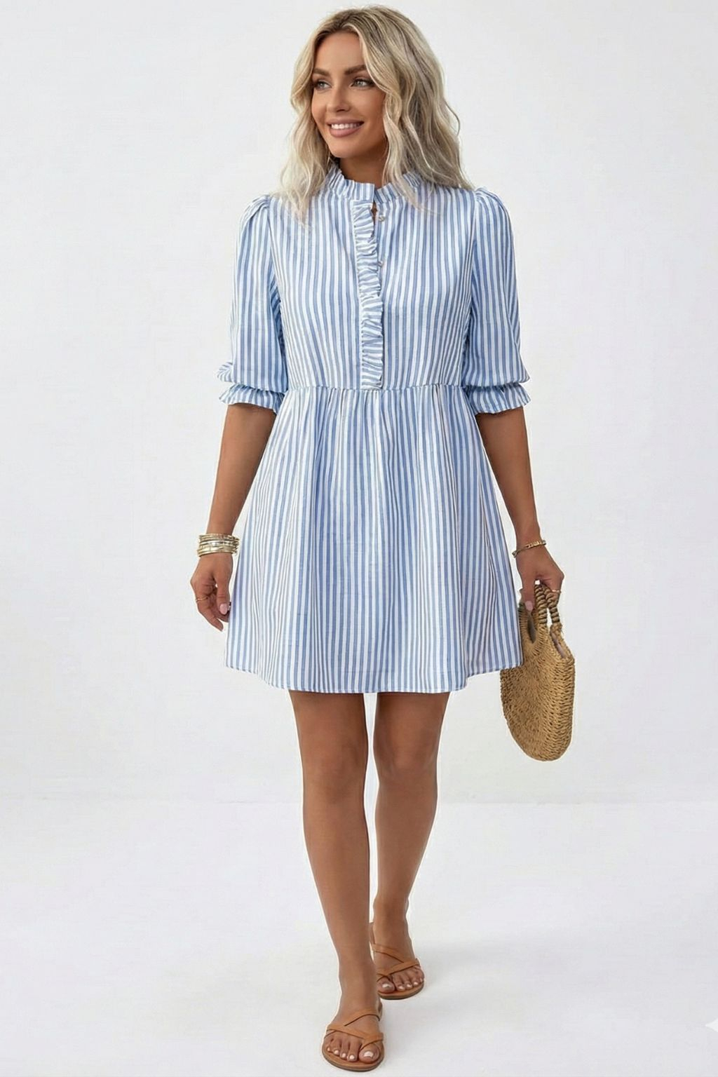 Puff Sleeve Stand Collar Striped Dress