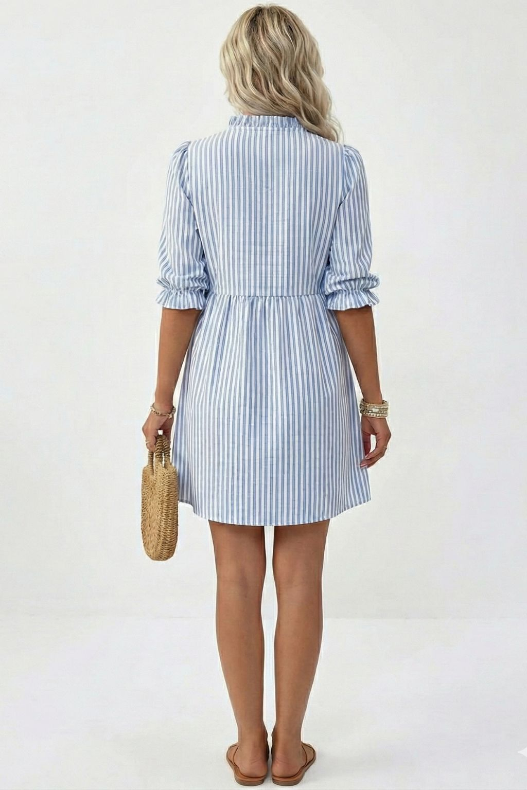 Puff Sleeve Stand Collar Striped Dress