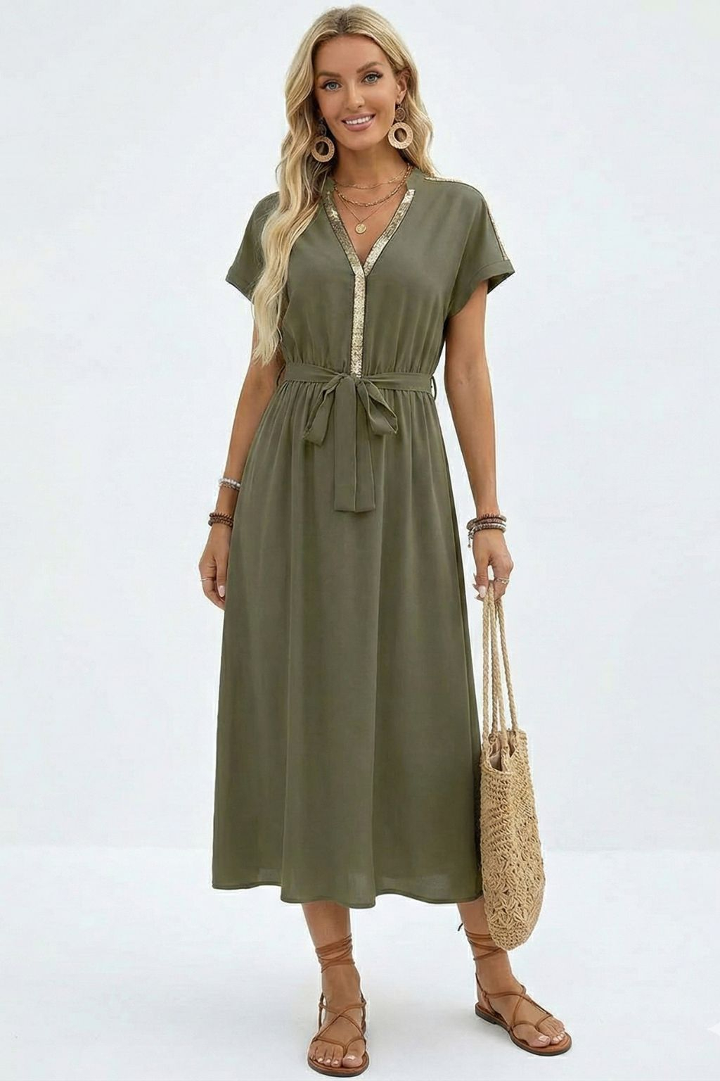V-neck solid color dress