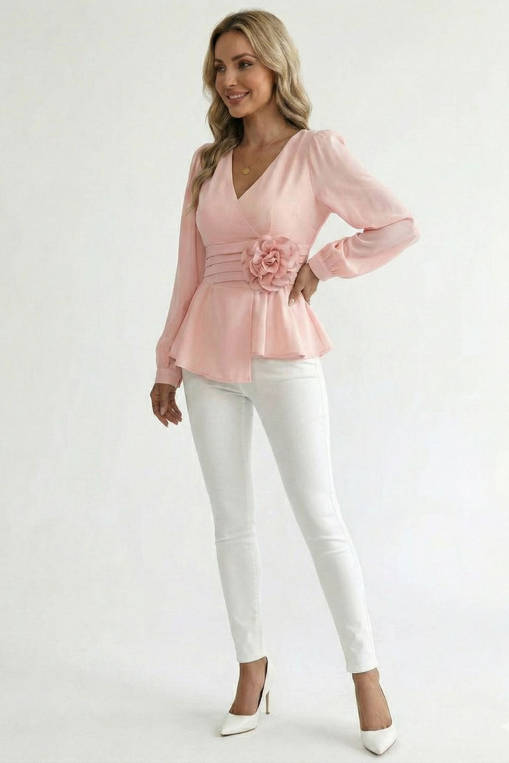 Waist V-neck 3D floral shirt