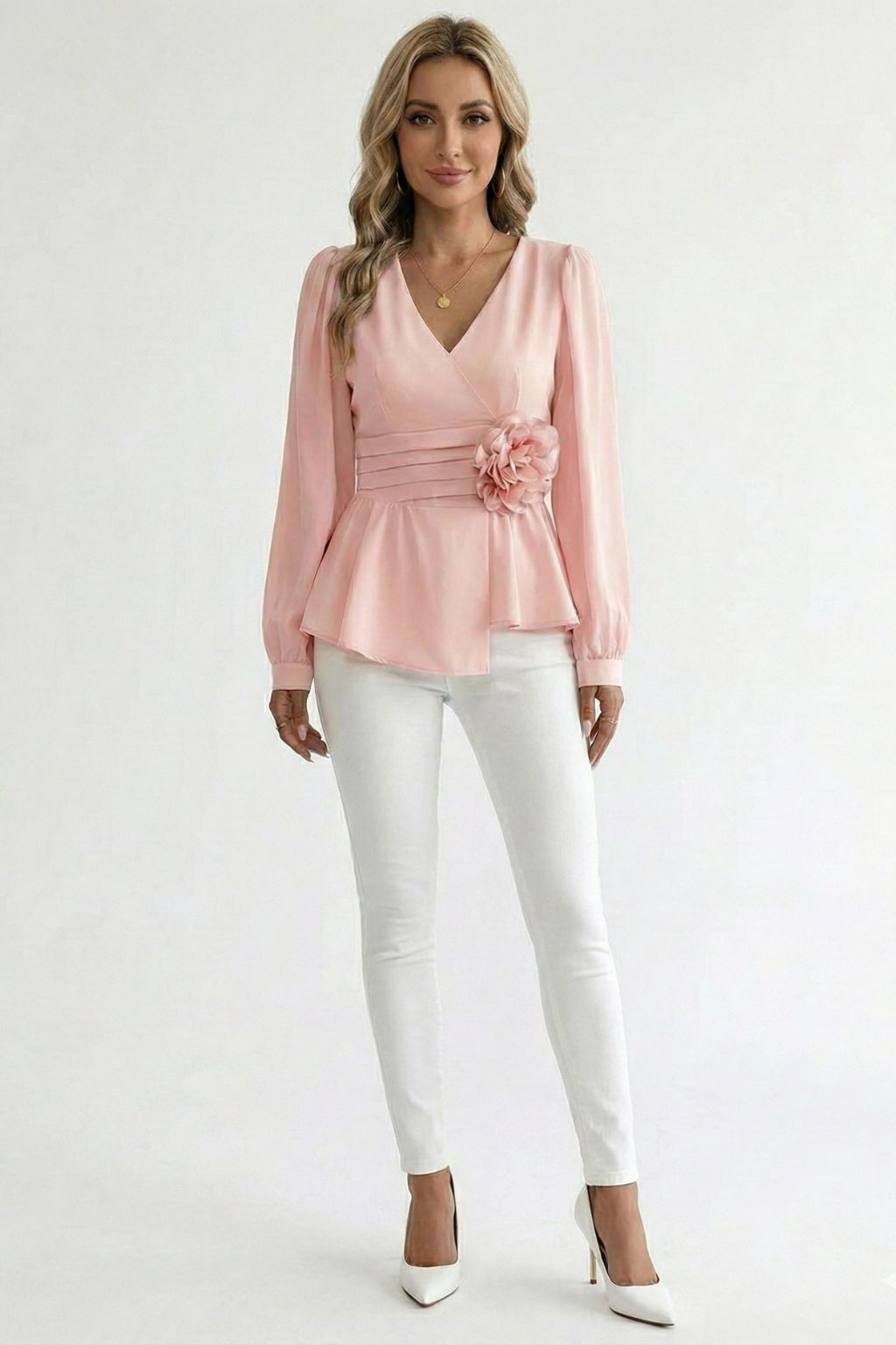 Waist V-neck 3D floral shirt