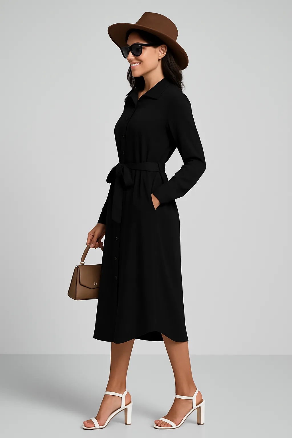 Elegant Long Sleeve Lapel Shirt Dress
