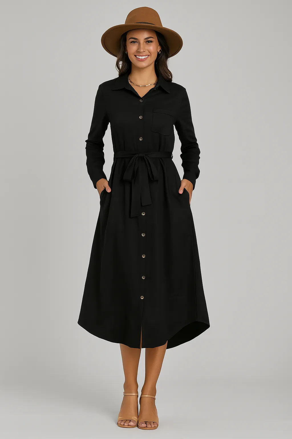Elegant Long Sleeve Lapel Shirt Dress