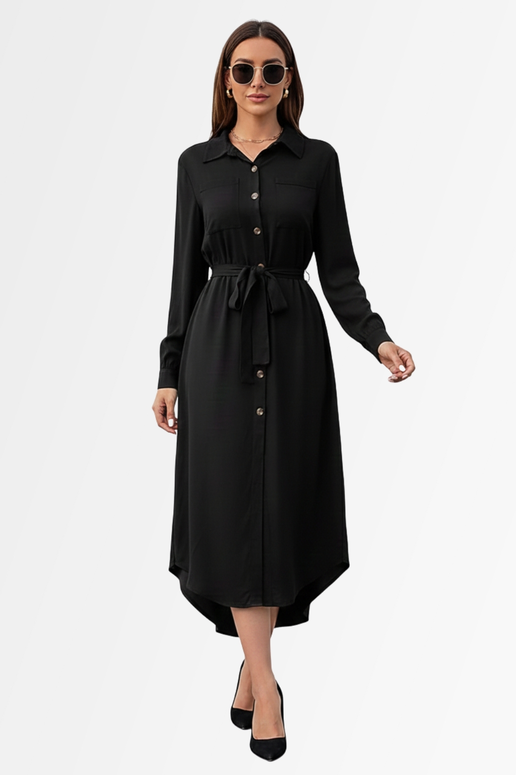 Elegant Long Sleeve Lapel Shirt Dress