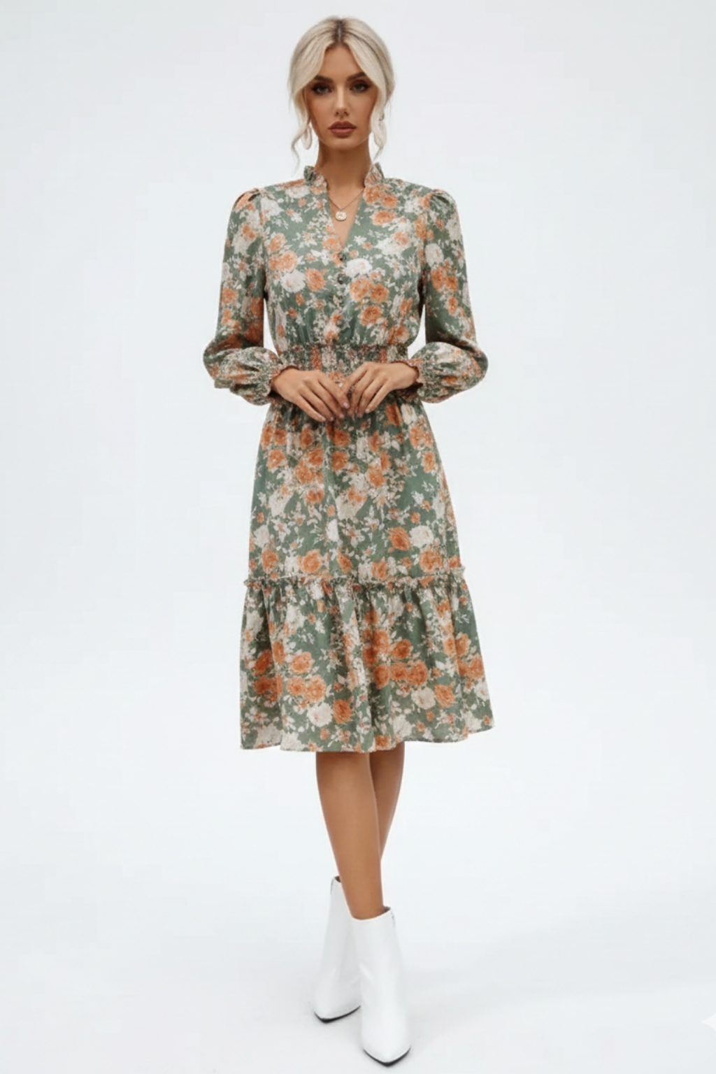Elegant Vintage Ruffle Floral Long Sleeve Dress