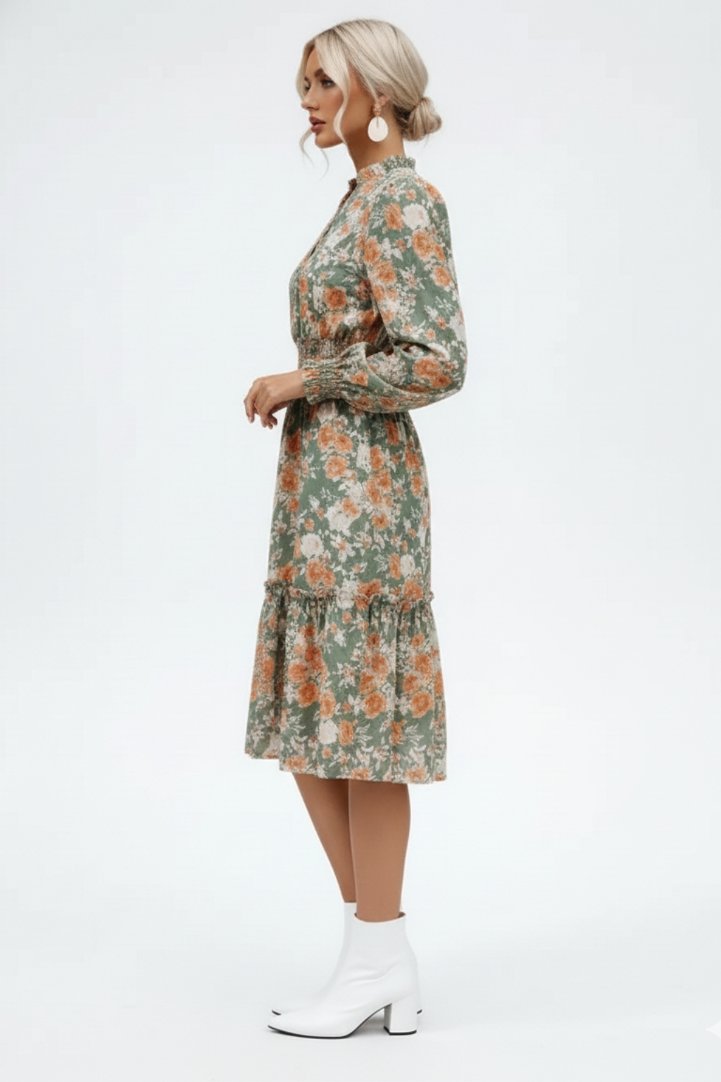 Elegant Vintage Ruffle Floral Long Sleeve Dress