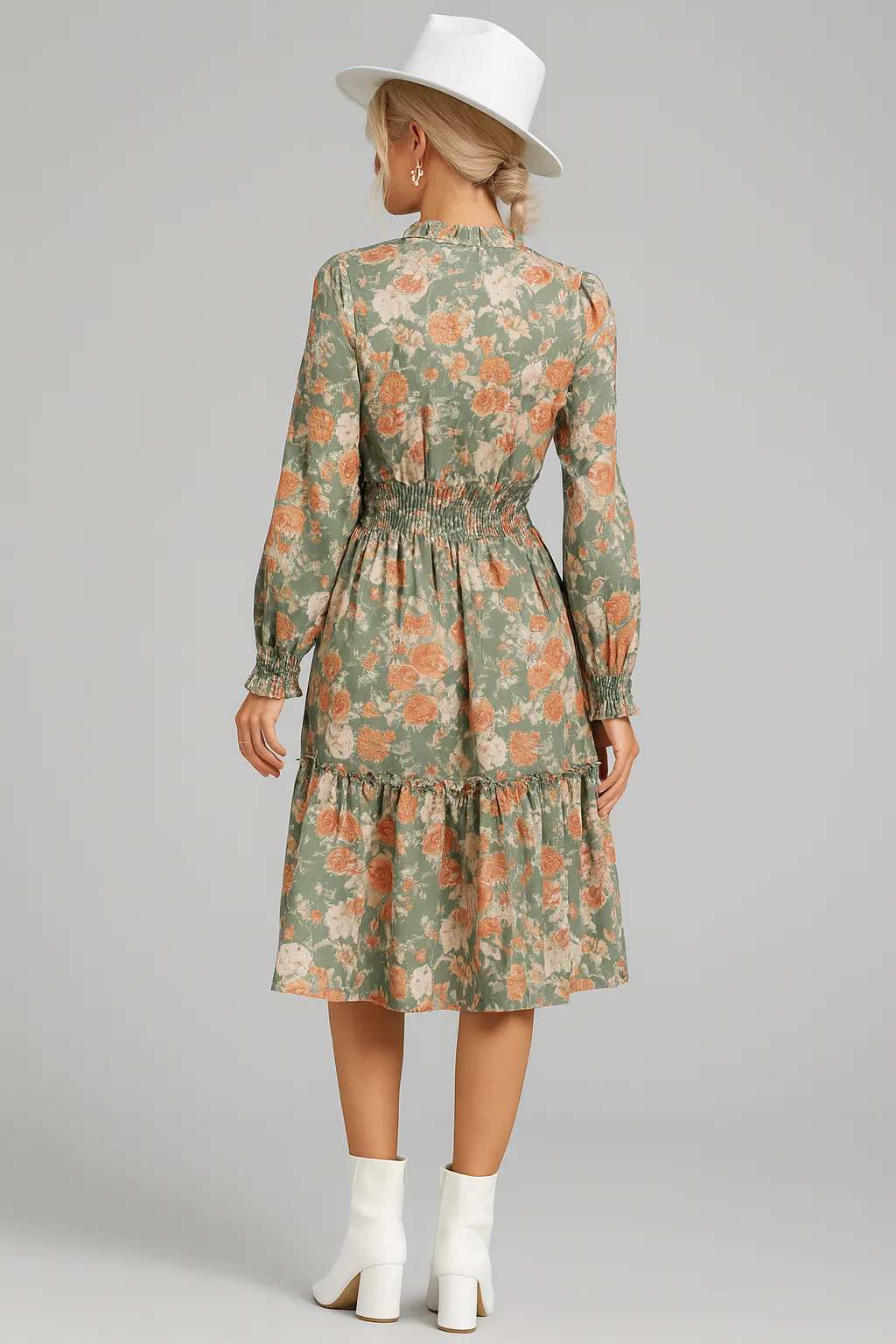 Elegant Vintage Ruffle Floral Long Sleeve Dress