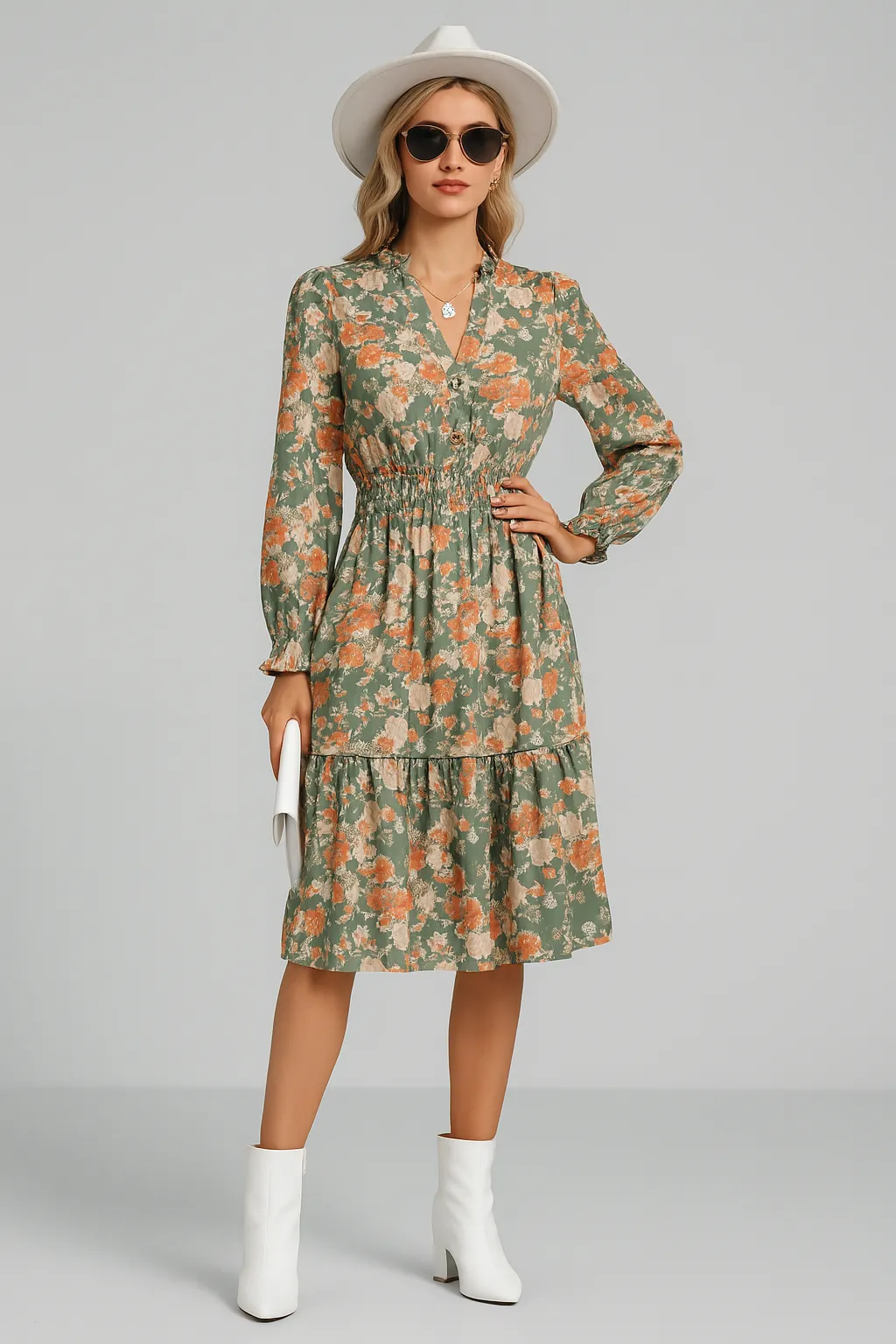 Elegant Vintage Ruffle Floral Long Sleeve Dress