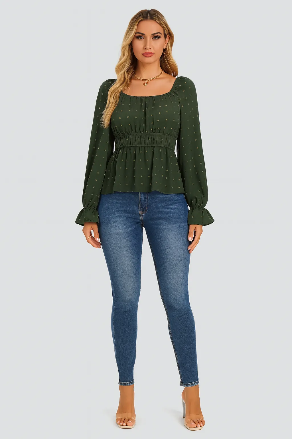 Round neck waist lotus leaf sleeve top