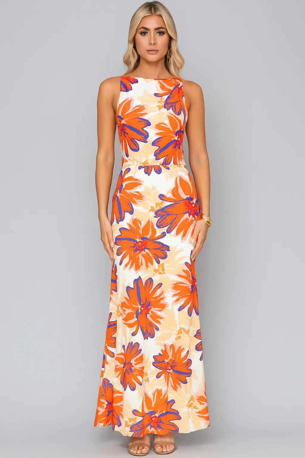 Bold Bloom Backless Maxi Dress