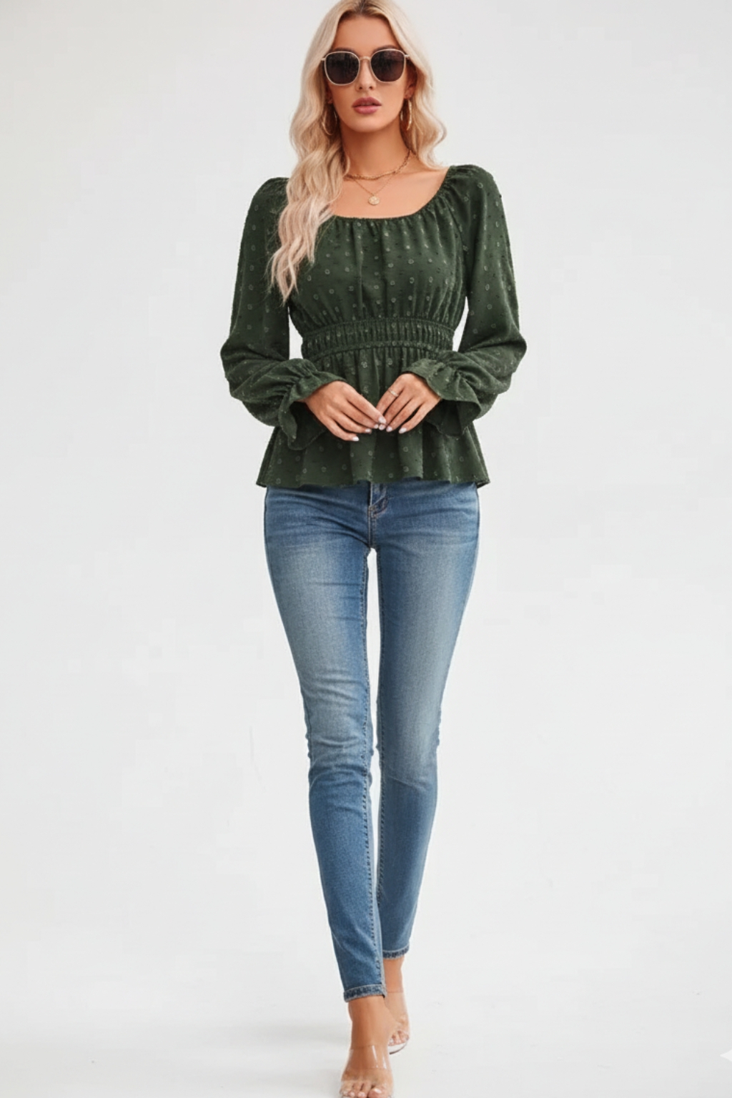 Round neck waist lotus leaf sleeve top
