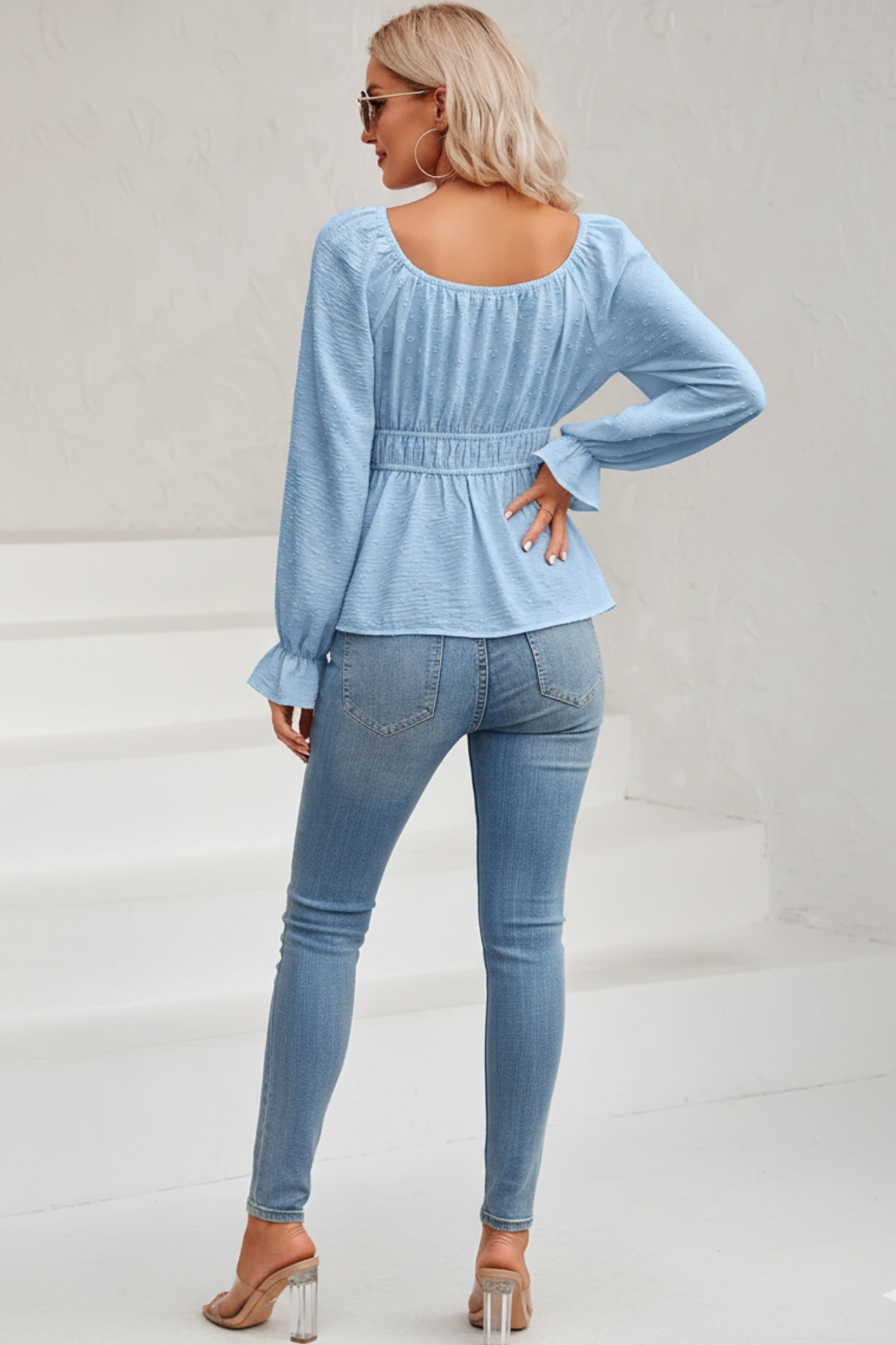 Round neck waist lotus leaf sleeve top