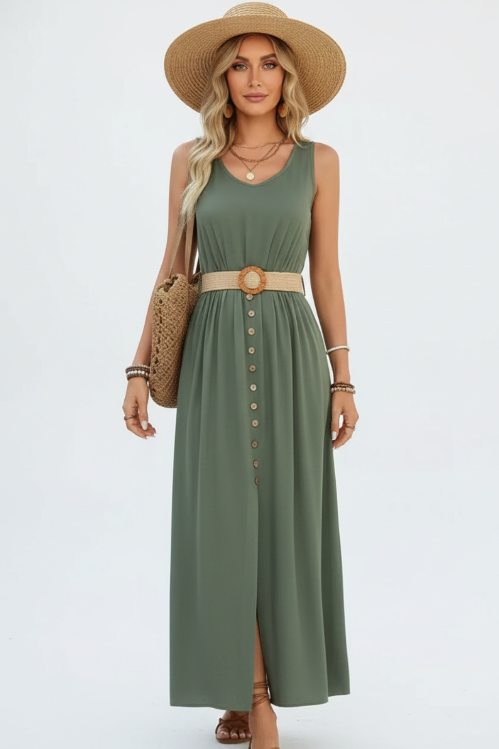 Slit solid color sleeveless dress