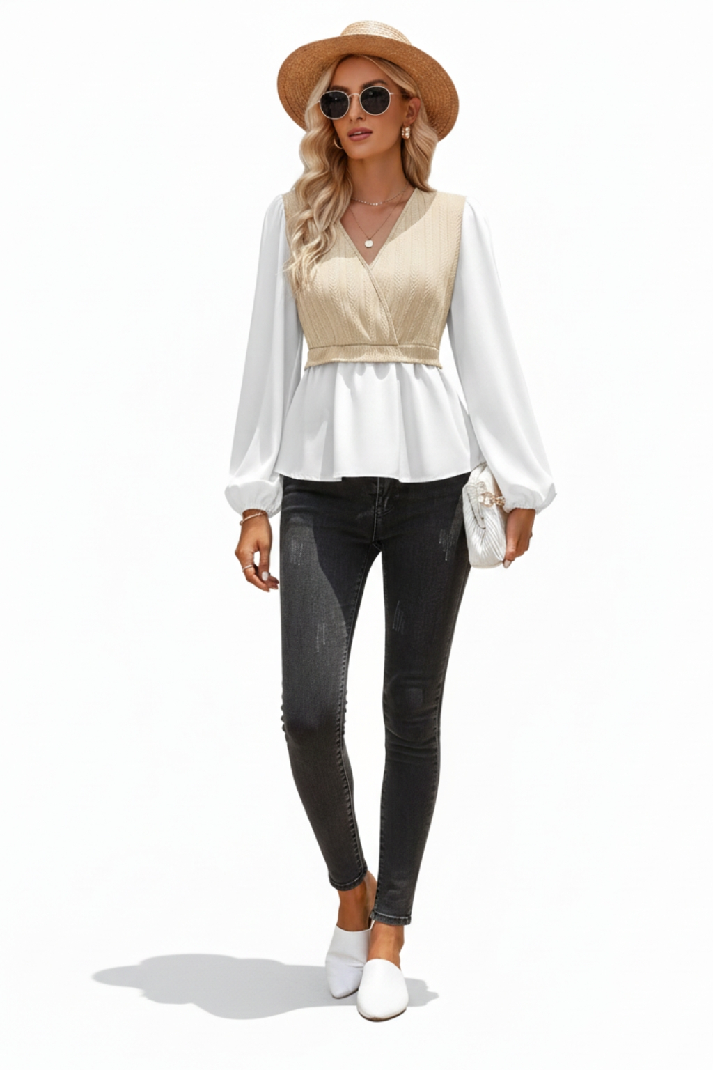 V-neck stitching long-sleeved top