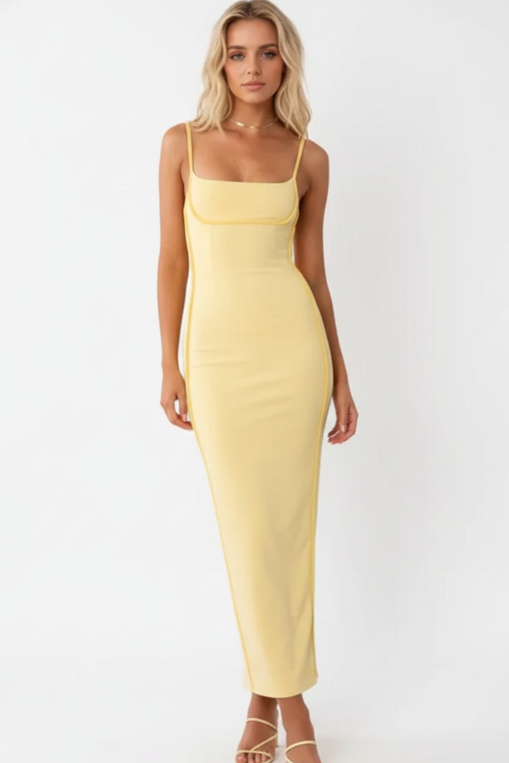 Yellow square neck suspender dress