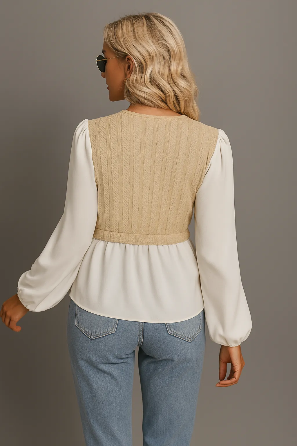 V-neck stitching long-sleeved top