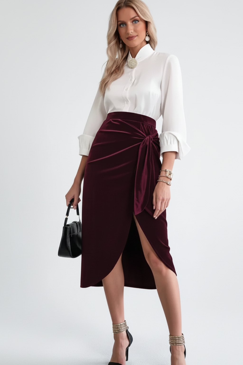 Twisted skirt slit velvet skirt