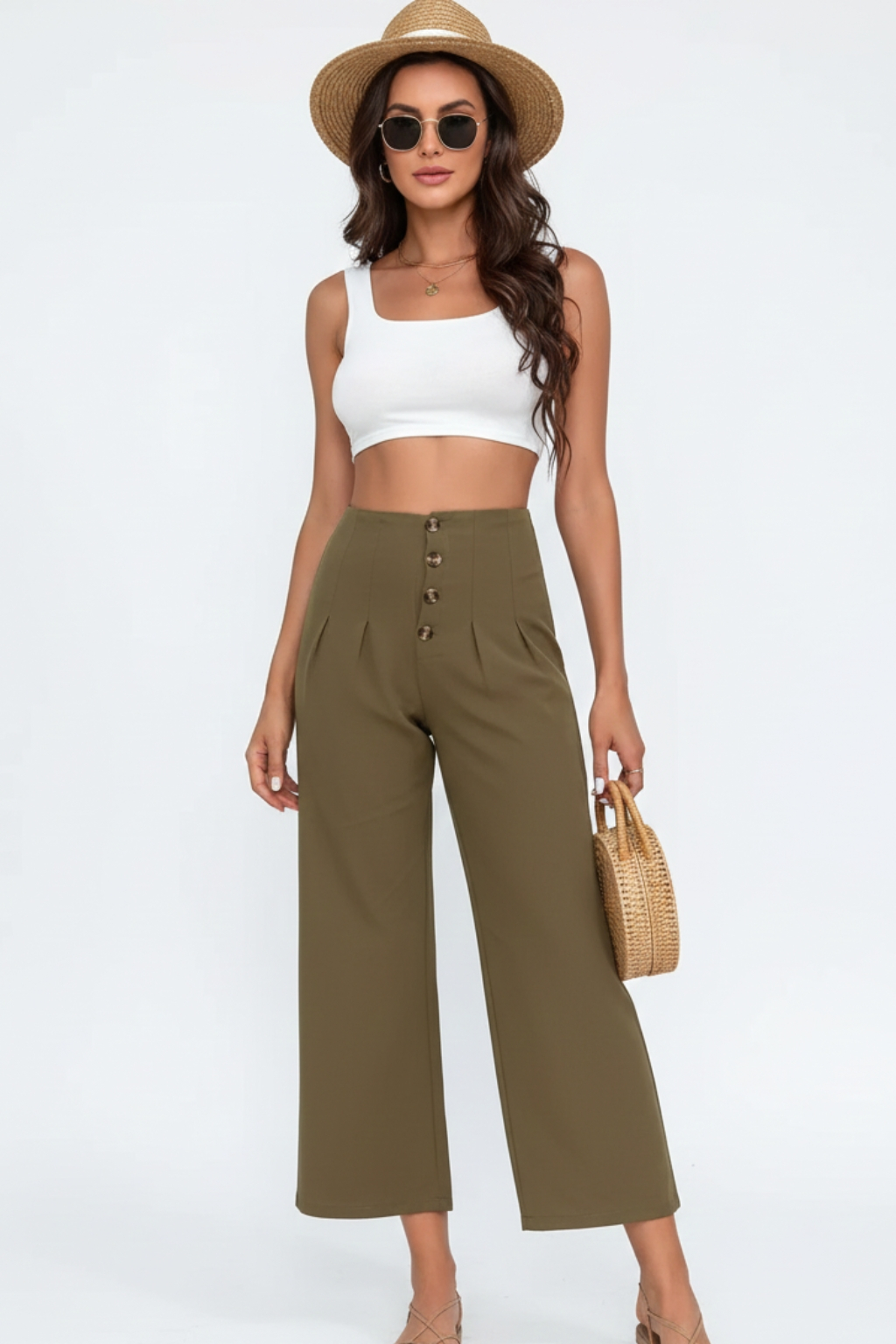 high-waisted cotton and linen slim-fit micro-flared pants